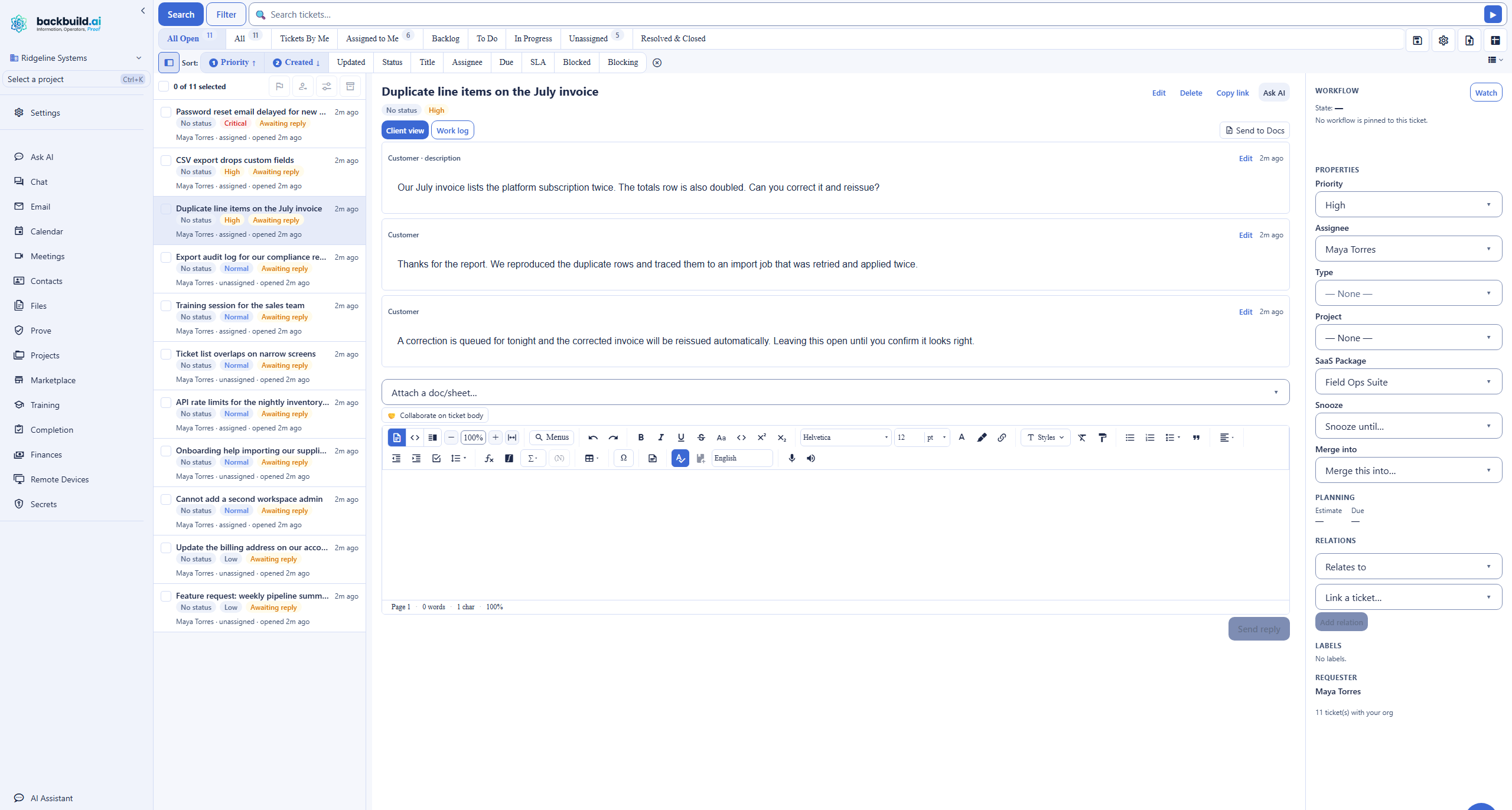 The built-in Backbuild help desk, an Airtable alternative support surface, showing saved searches, workflow state filters such as Backlog, To Do, and In Progress, a queue of prioritized assigned tickets, and an open ticket conversation. The account email address is masked in this image.