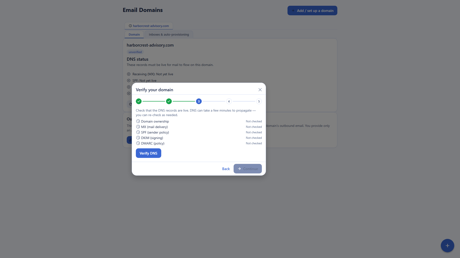 The Backbuild Mail guided domain setup wizard for free custom-domain email, on the verify step for a Cloudflare-routed domain, with a progress bar of completed steps and the checklist of DNS records it reads back: domain ownership, MX, SPF, DKIM, and DMARC
