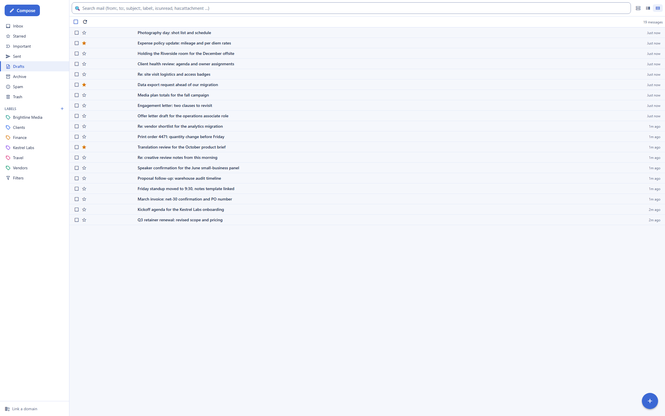 Backbuild Mail as a Proton Mail alternative: the mailbox with system folders, color-coded labels, starred messages, a full message list, the search box across the top, and the reading-pane placement controls
