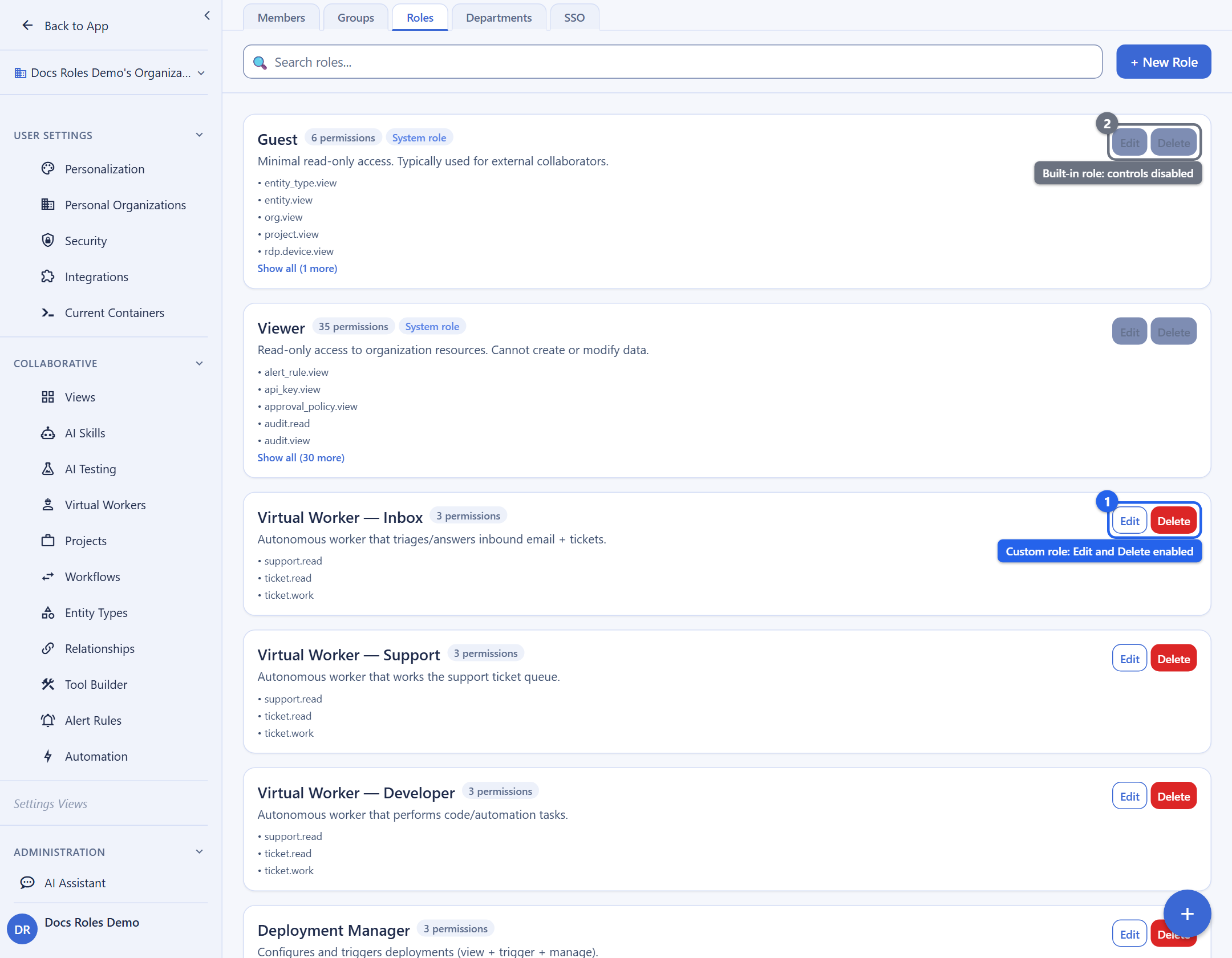 The Roles tab of the Identity and Access Management settings screen. Built-in roles such as Guest and Viewer carry a System role badge; callout 2 marks their Edit and Delete controls, which are visibly disabled. Custom roles carry no System role badge; callout 1 marks a custom role's Edit and Delete controls, which are enabled. A New Role button sits at the top right. The account email address is masked in this image.