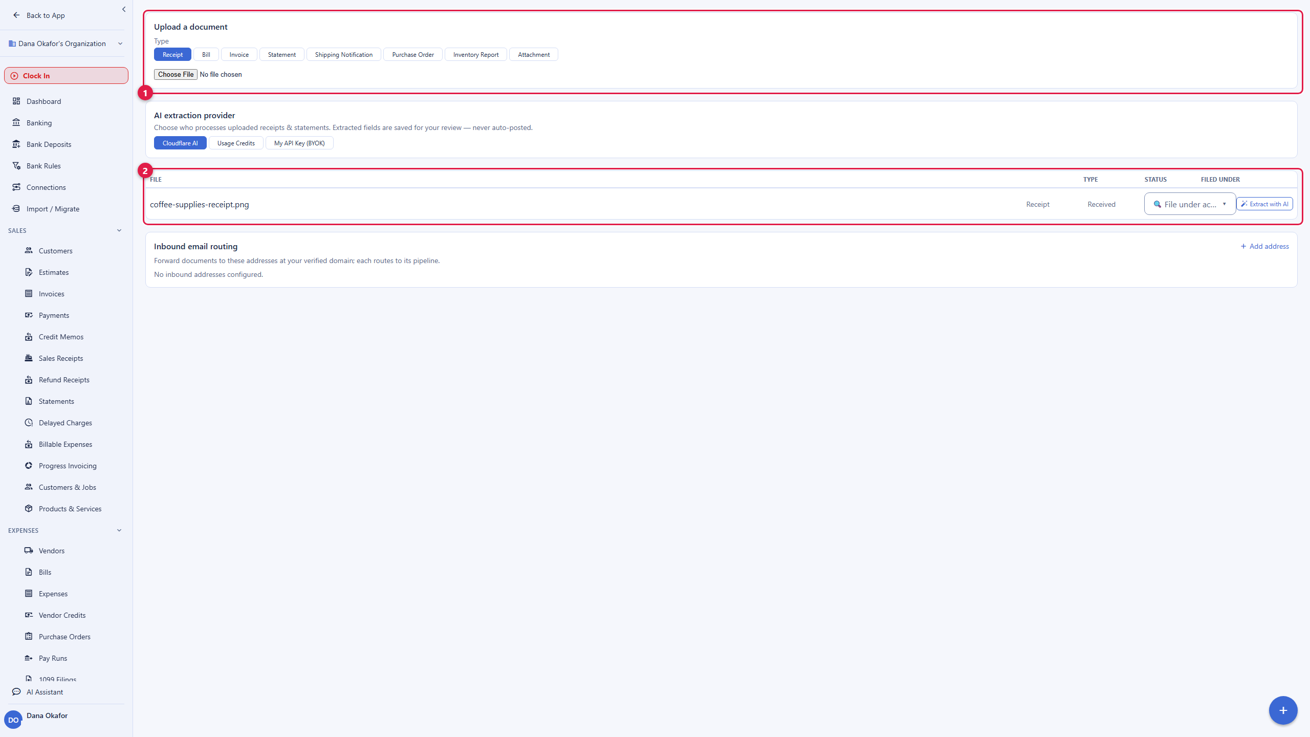 The Finances Documents screen. At the top is an upload area with a document type selector offering Receipt, Bill, Invoice, Statement, and more, and a Choose file control. Below, a note explains that extracted fields are saved for your review and never auto-posted. A list then shows an uploaded receipt with its type, a status of received, a filed-under account selector, and an Extract with AI action. A separate section sets up forwarding documents to addresses at your verified domain. The account email address is masked in this image.
