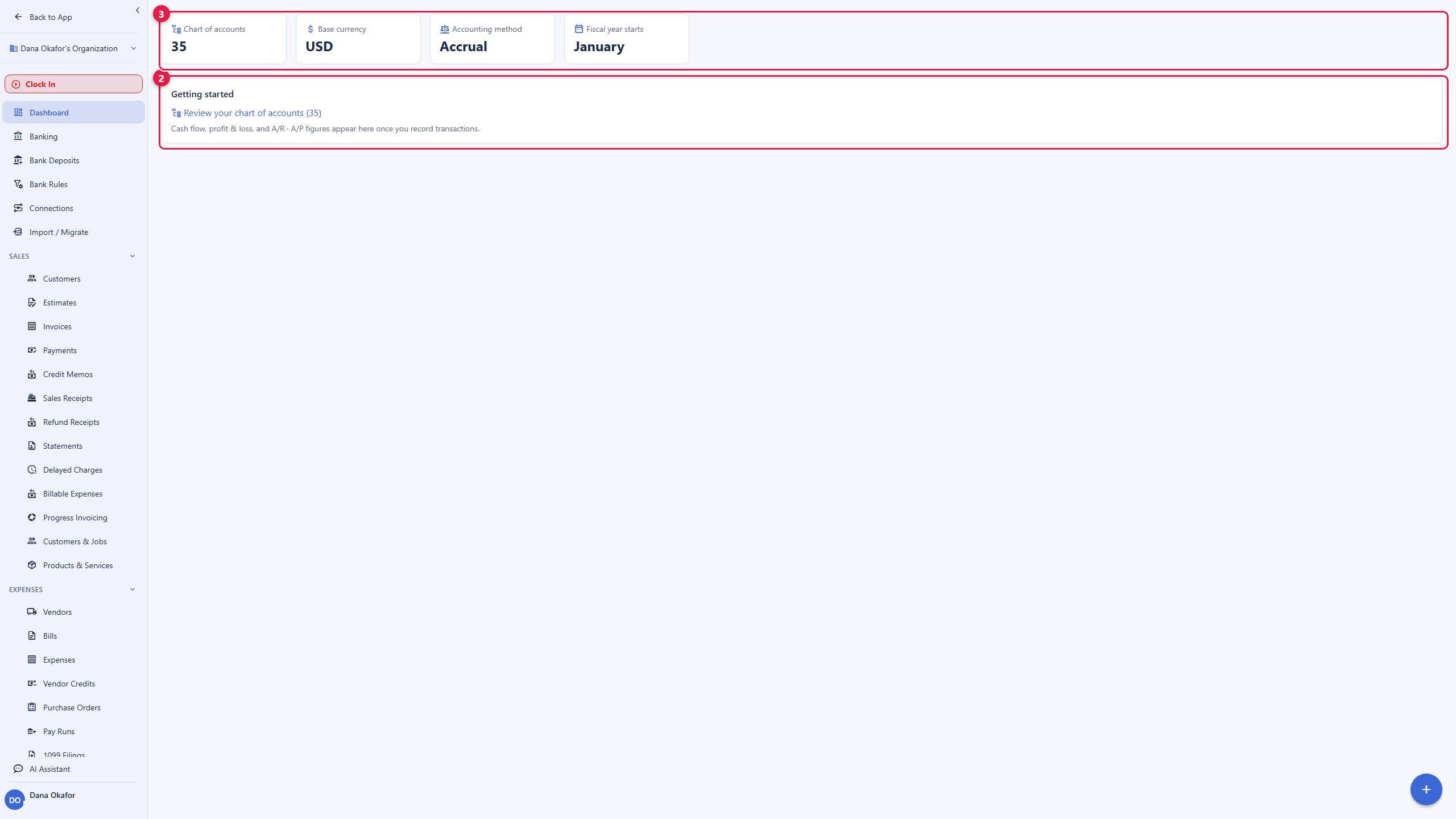 The Backbuild Finances dashboard. Down the left is the Finances sidebar with Dashboard, Banking, Bank Deposits, Bank Rules, Connections, Import and Migrate, and grouped Sales and Expenses sections. Across the top are tiles for chart of accounts, base currency in US dollars, accounting method set to accrual, and fiscal year starting in January. Below is a getting-started card that links to reviewing the chart of accounts and notes that cash flow, profit and loss, and accounts-receivable and accounts-payable figures appear once you record transactions. The account email address is masked in this image.