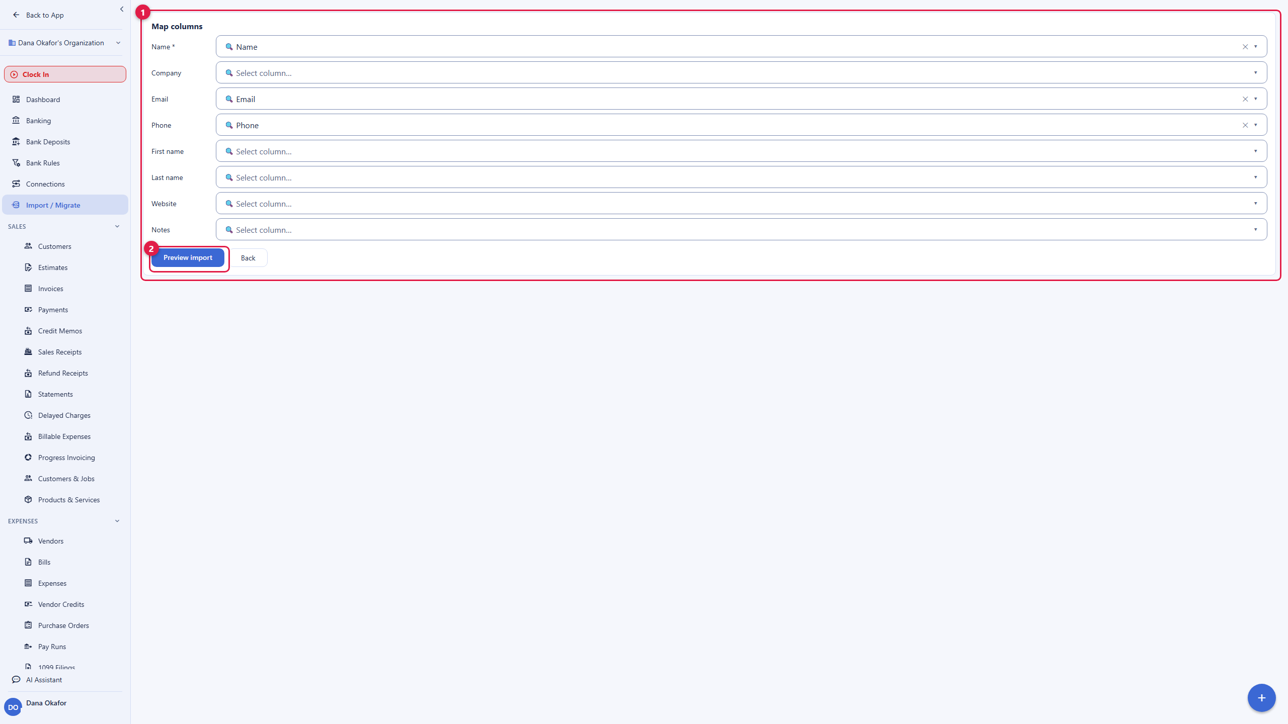 The import wizard on the Map columns step. Each Backbuild Finances field, Name, Company, Email, Phone, First name, Last name, Website, and Notes, has a selector on the right that binds it to a column from your file, with Name, Email, and Phone already matched. A Preview import button sits below, next to Back. The account email address is masked in this image.