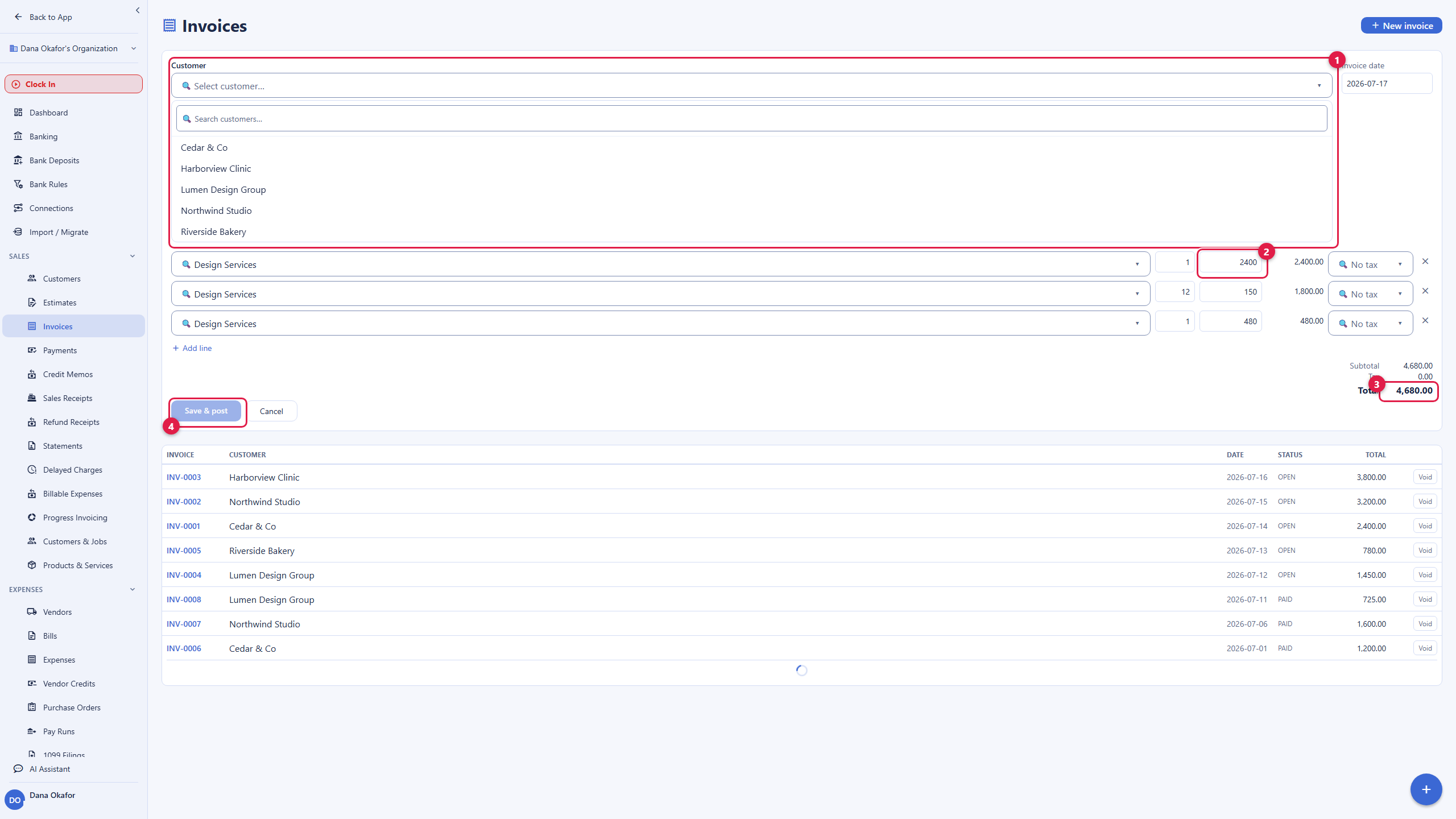 The invoice editor with a new invoice being built. The customer picker is open, listing customers to choose from: Cedar and Co, Harborview Clinic, Lumen Design Group, Northwind Studio, and Riverside Bakery. Three line items are each posted to the Design Services income account, with quantities and prices, and the totals on the right show a subtotal and a total of 4,680.00. A Save and post button sits at the bottom left. Below the form, the existing invoice list shows earlier invoices with their customer, date, status of open or paid, and amount. The account email address is masked in this image.