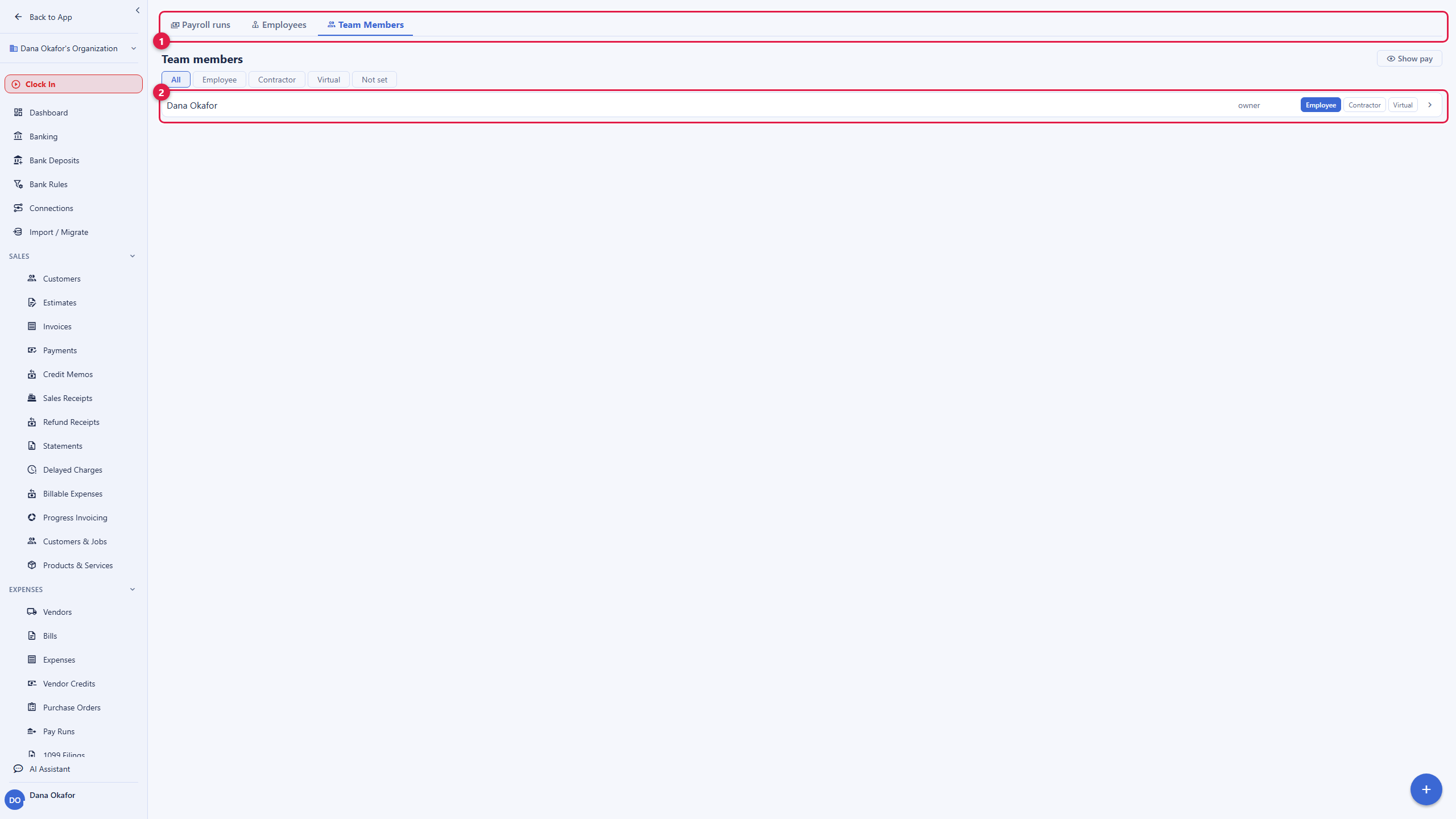 The Payroll screen on the Team Members tab, with Payroll runs and Employees tabs alongside it. A filter row offers All, Employee, Contractor, Virtual, and Not set. The roster lists an organization member, Dana Okafor, marked as owner, with an inline control to set the person as Employee, Contractor, or Virtual, the Employee option selected. A Show pay toggle in the top right keeps pay hidden until you ask for it. The account email address is masked in this image.