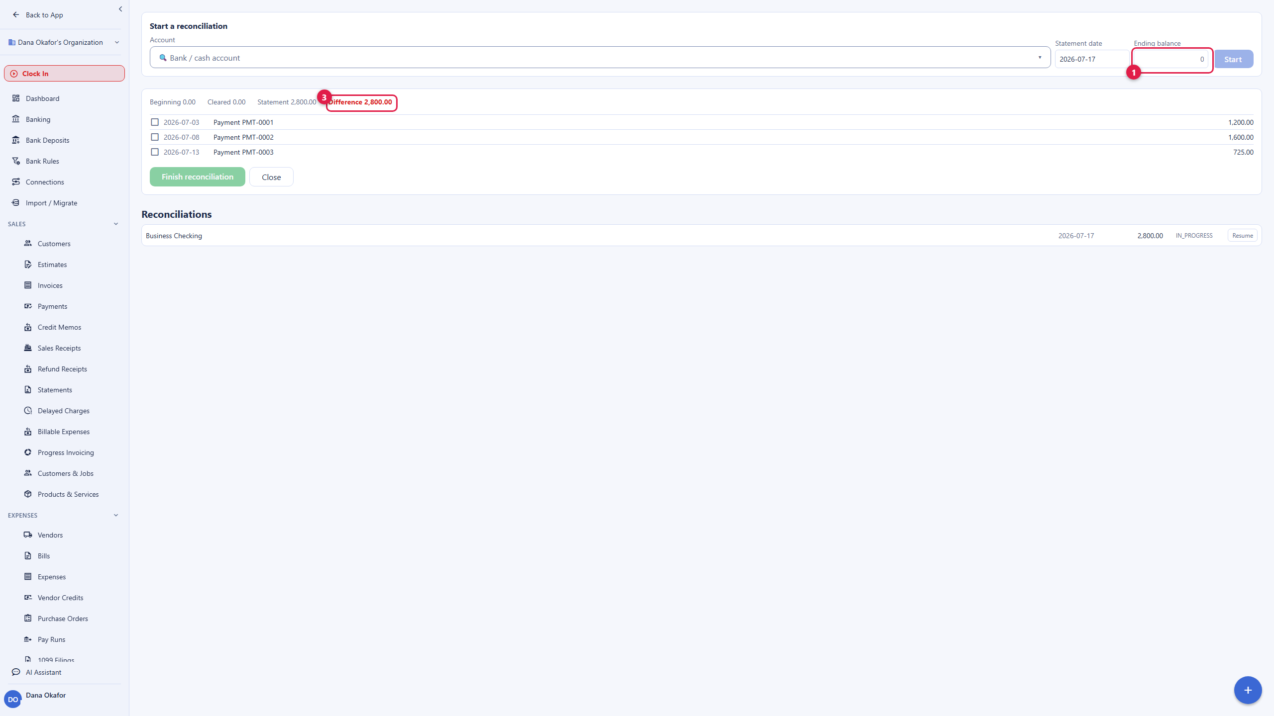 A reconciliation in progress on the Business Checking account. At the top are the account, statement date, and an ending balance field taken from the bank statement. Below, a summary line shows the beginning balance, the cleared total, the statement balance, and a running difference. Under it, deposited customer payments are listed each with a cleared checkbox, and a Finish reconciliation button waits until the difference reaches zero. The account email address is masked in this image.