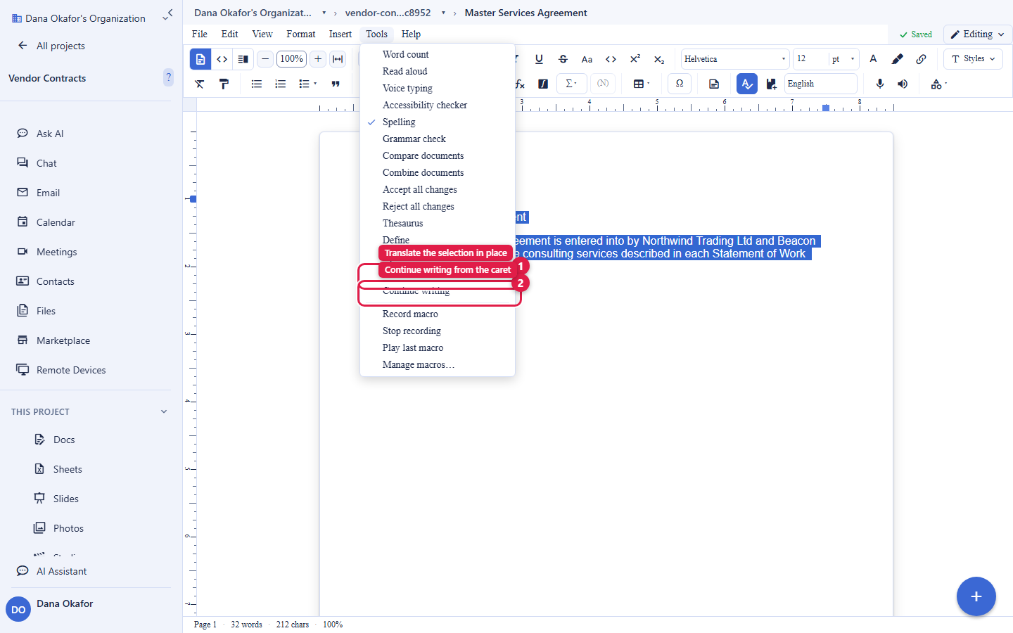 The Backbuild Docs editor with a paragraph selected and highlighted, and the Tools menu open. The Translate action is circled and labelled Translate the selection in place. The Continue writing action is circled and labelled Continue writing from the caret. The account email address is masked in this image.