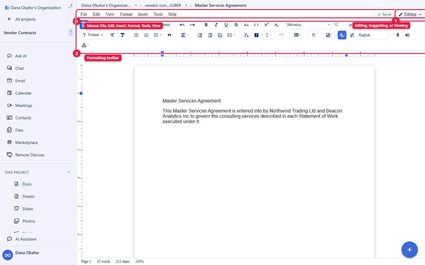 The Backbuild Docs editor open on a Master Services Agreement. Three areas are circled and numbered: 1, the menu bar with File, Edit, Insert, Format, Tools, and View; 2, the formatting toolbar below it; and 3, the access-mode selector at the top right, reading Editing, which switches between Editing, Suggesting, and Viewing. The account email address is masked in this image.