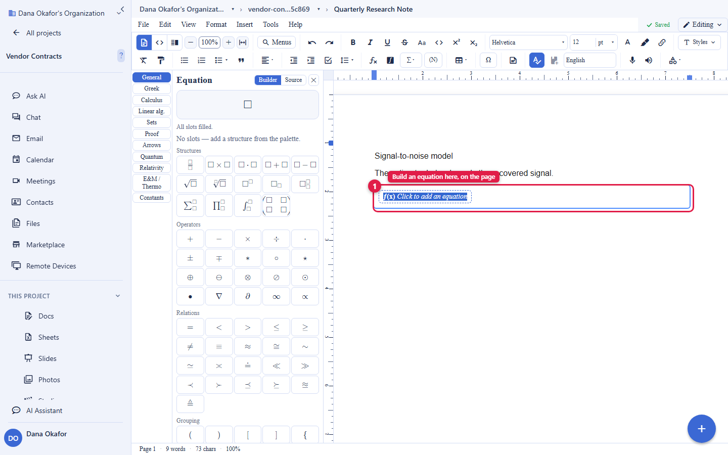 The Backbuild Docs editor with the equation builder open in a left panel titled Equation, showing category tabs (General, Greek, Calculus, Linear algebra, and more) and a grid of structures, operators, relations, and grouping symbols. In the document body, a new equation block is circled and numbered 1, labelled Build an equation here, on the page. The account email address is masked in this image.
