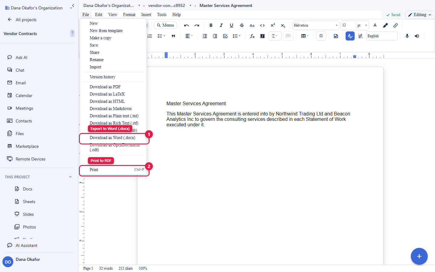 The Backbuild Docs File menu open, showing the full download list: Download as PDF, LaTeX, HTML, Markdown, Plain text, Rich Text, EPUB, Word (.docx), and OpenDocument (.odt). The Download as Word (.docx) item is circled and labelled Export to Word (.docx). The Print item, with its keyboard shortcut, is circled and labelled Print to PDF. The account email address is masked in this image.