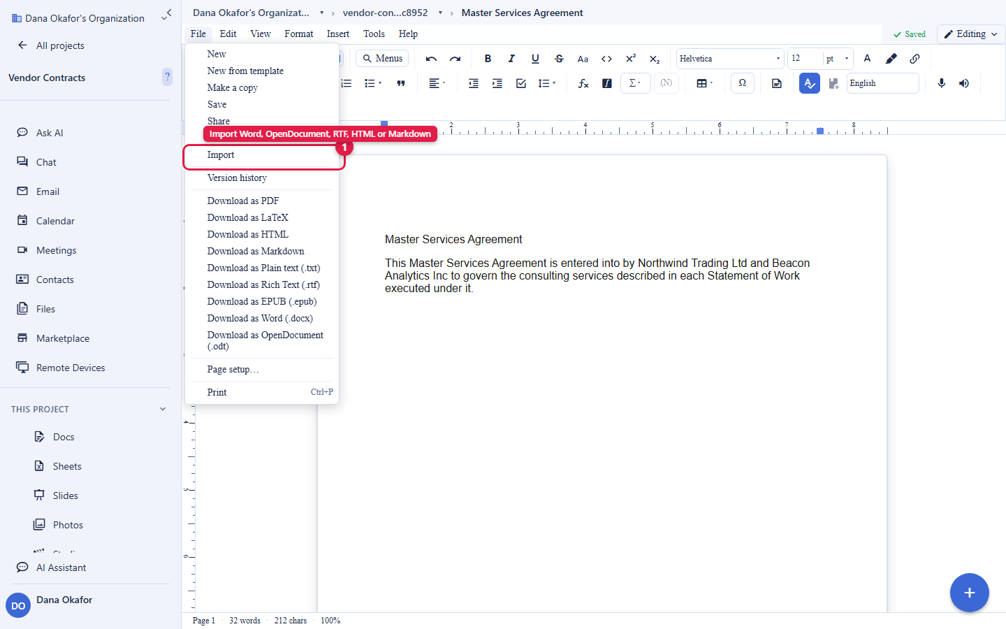 The Backbuild Docs editor with the File menu open. The Import item is circled and labelled Import Word, OpenDocument, RTF, HTML or Markdown. Behind the menu, an imported Master Services Agreement document shows a heading and a paragraph rendered as real structure in the editor. The account email address is masked in this image.