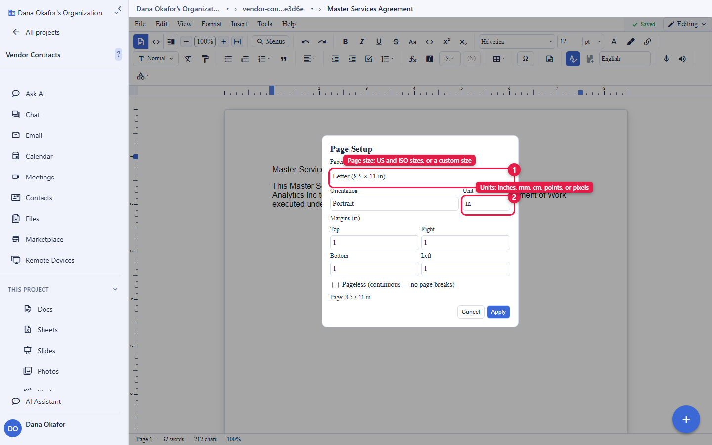 The Page Setup dialog open over a document. Two controls are circled and numbered: 1, the paper-size selector set to Letter (8.5 by 11 in), labelled Page size, US and ISO sizes, or a custom size; and 2, the unit selector set to in, labelled Units, inches, mm, cm, points, or pixels. Below them are the orientation control, the four per-side margin fields, and a Pageless (continuous, no page breaks) checkbox. The account email address is masked in this image.