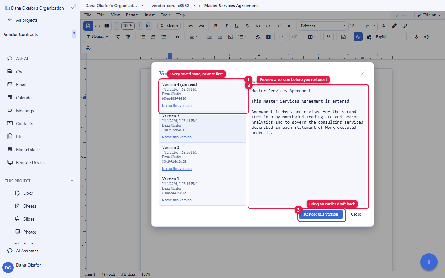 The Backbuild Docs version history dialog. A left column lists four dated versions of a Master Services Agreement, newest first, each with an author and time; the newest entry is circled and labelled Every saved state, newest first. The right pane previews a selected earlier version's content and is circled and labelled Preview a version before you restore it. A Restore this version button is circled and labelled Bring an earlier draft back. The account email address is masked in this image.