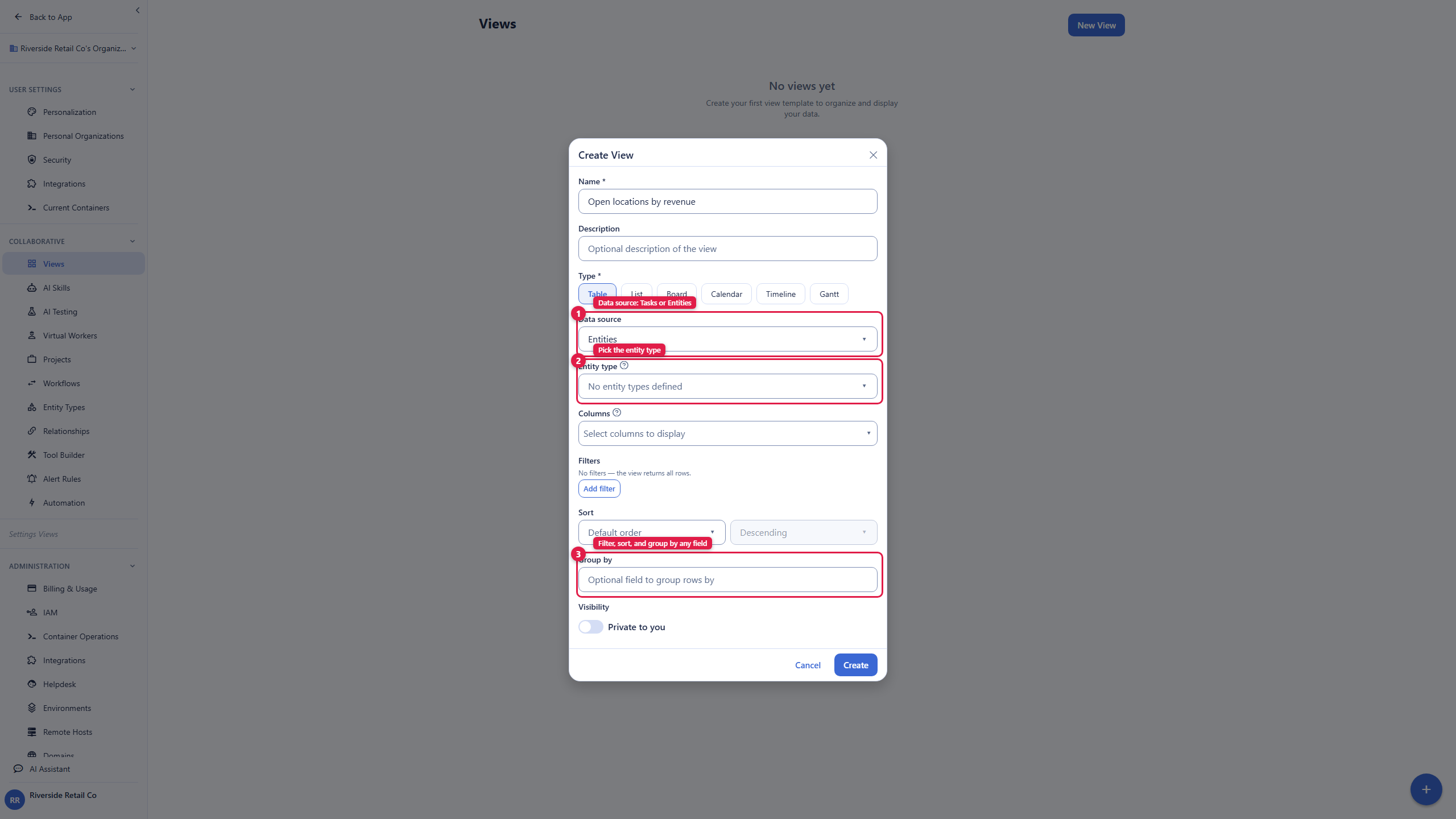 The Settings Views New View builder dialog. It has a name field, a Type selector, and a Data source selector (callout 1). With Entities chosen as the source, further controls appear to pick the entity type (callout 2) and to filter, sort, and group by any field (callout 3), along with a visibility choice. The account email address is masked in this image.