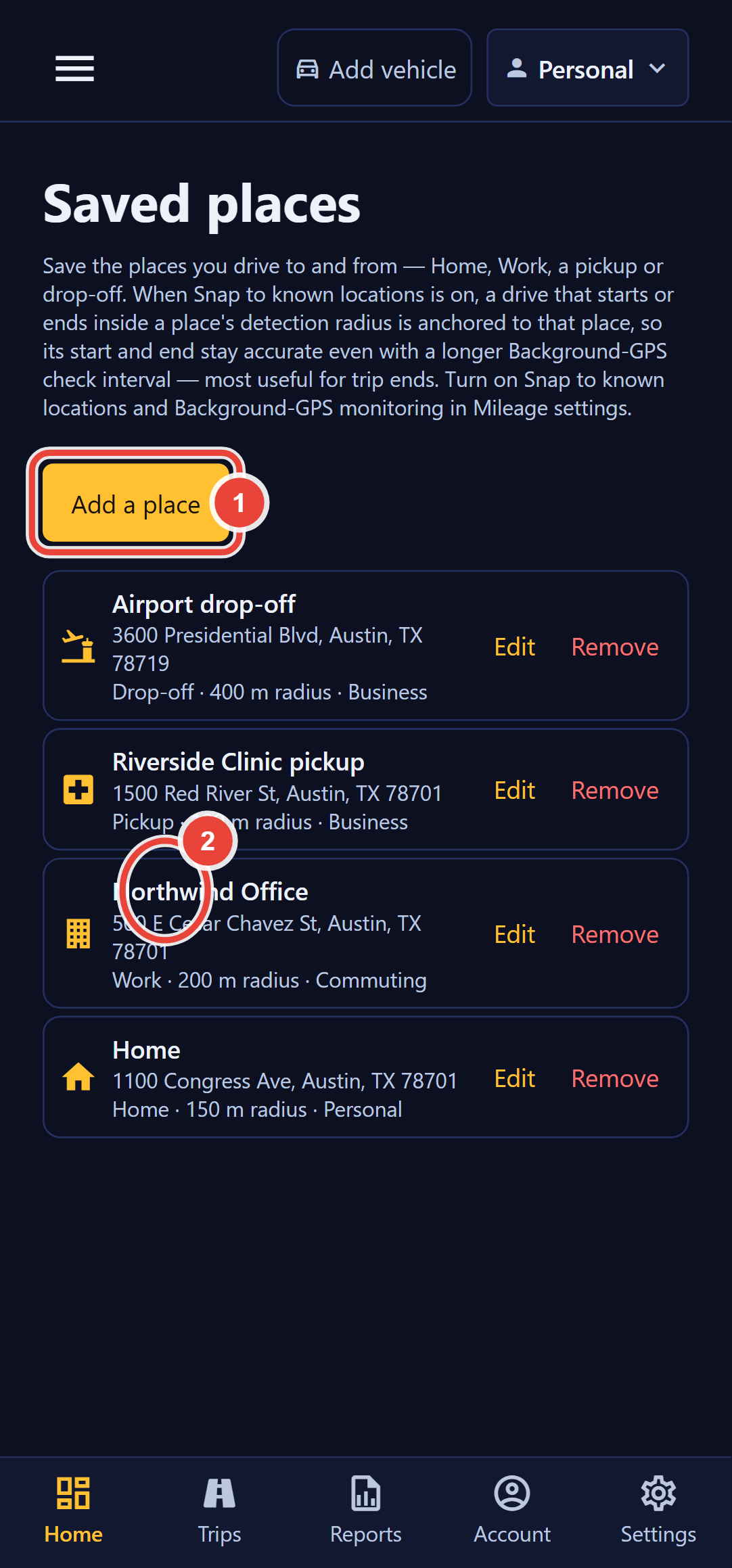 The Saved places screen in Backbuild Miles, reached from Known locations in the menu. A short explanation says saved places anchor a drive's start and end when Snap to known locations is on. Callout 1 marks the Add a place button. Below it four places are listed, each with its marker icon, name, address, and a line giving its type, radius and default classification: Airport drop-off with an airplane icon, 400 m radius, Business; Riverside Clinic pickup with a medical cross icon, 120 m, Business; Northwind Office with an office building icon, 200 m, Commuting, whose icon is marked by callout 2; and Home with a house icon, 150 m, Personal. Each row has Edit and Remove actions.