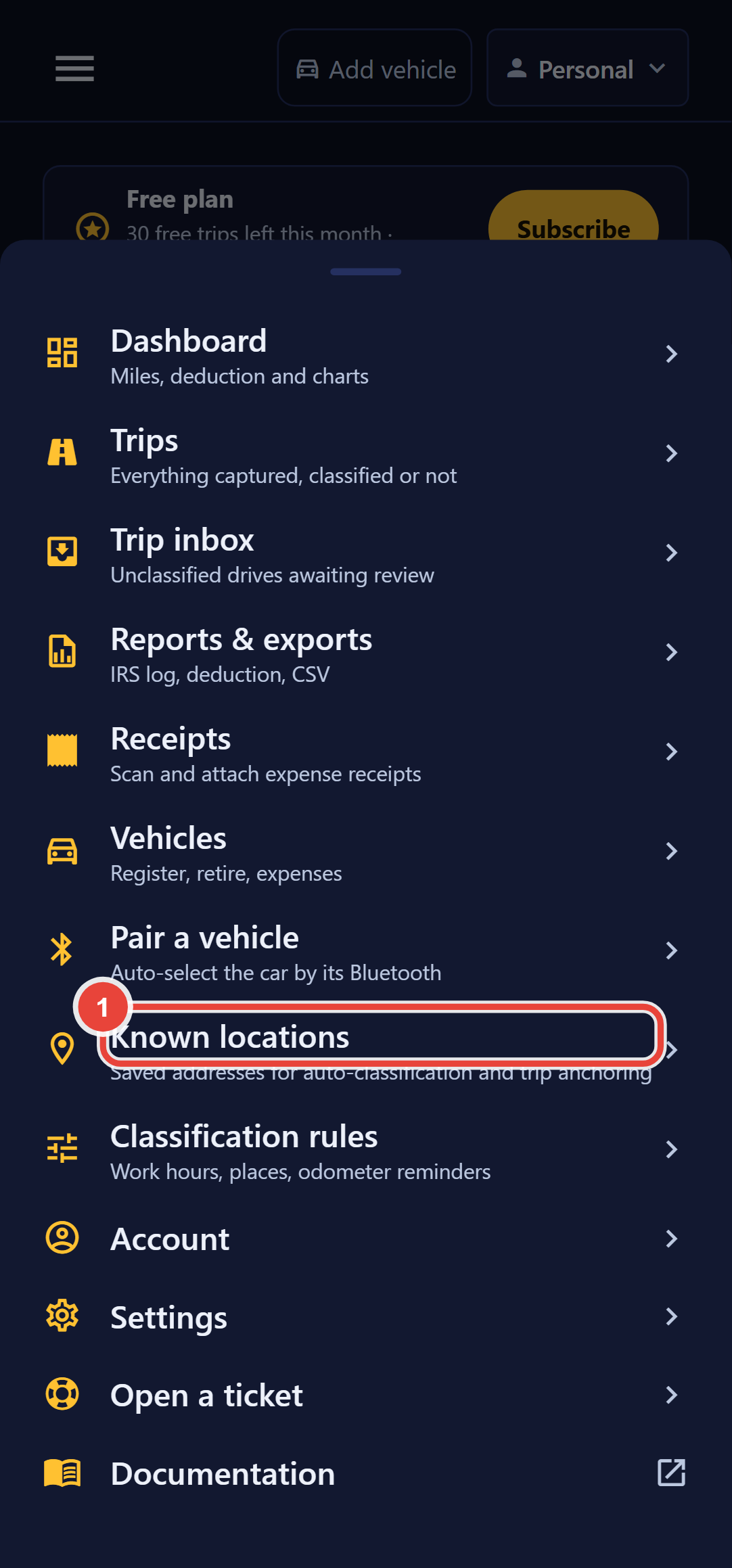 The Backbuild Miles navigation menu open as a sheet over the app, listing in order Dashboard, Trips, Trip inbox, Reports and exports, Receipts, Vehicles, Pair a vehicle, Known locations, Classification rules, Account, Settings, Open a ticket, and Documentation. Each entry has an icon on the left, a title, and for most a short description underneath. Callout 1 marks Known locations and its one-line description.
