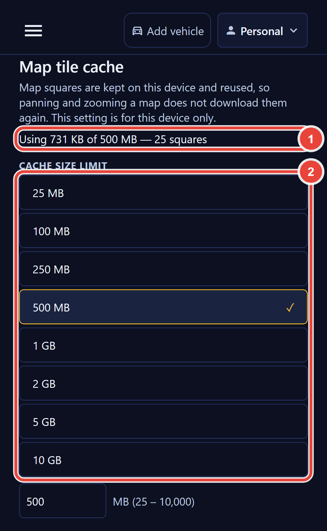 The Map tile cache section of Backbuild Miles settings. It explains that map squares are kept on this device and reused, and that the setting is for this device only. Callout 1 marks the usage line, reading Using 731 KB of 500 MB, 25 squares. Callout 2 marks the Cache size limit choices: 25 MB, 100 MB, 250 MB, 500 MB with a check mark, 1 GB, 2 GB, 5 GB and 10 GB. A field below holds 500 with the range MB 25 to 10,000.