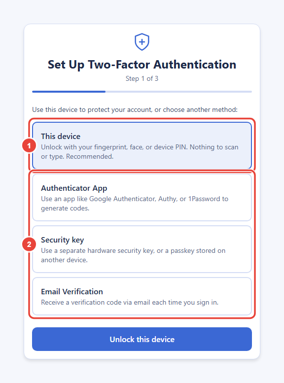 The Set Up Two-Factor Authentication card, step 1 of 3. Callout 1 marks the This device option, which unlocks with your fingerprint, face, or device PIN and is marked Recommended. Callout 2 marks the three other options: Authenticator App, Security key, and Email Verification.