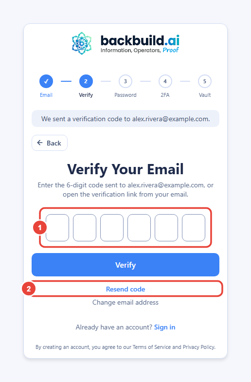 The Verify Your Email card, with the progress bar showing Email complete and Verify current. Callout 1 marks the six single-digit code boxes. Callout 2 marks the Resend code link. Below are the Verify button and a Change email address option.