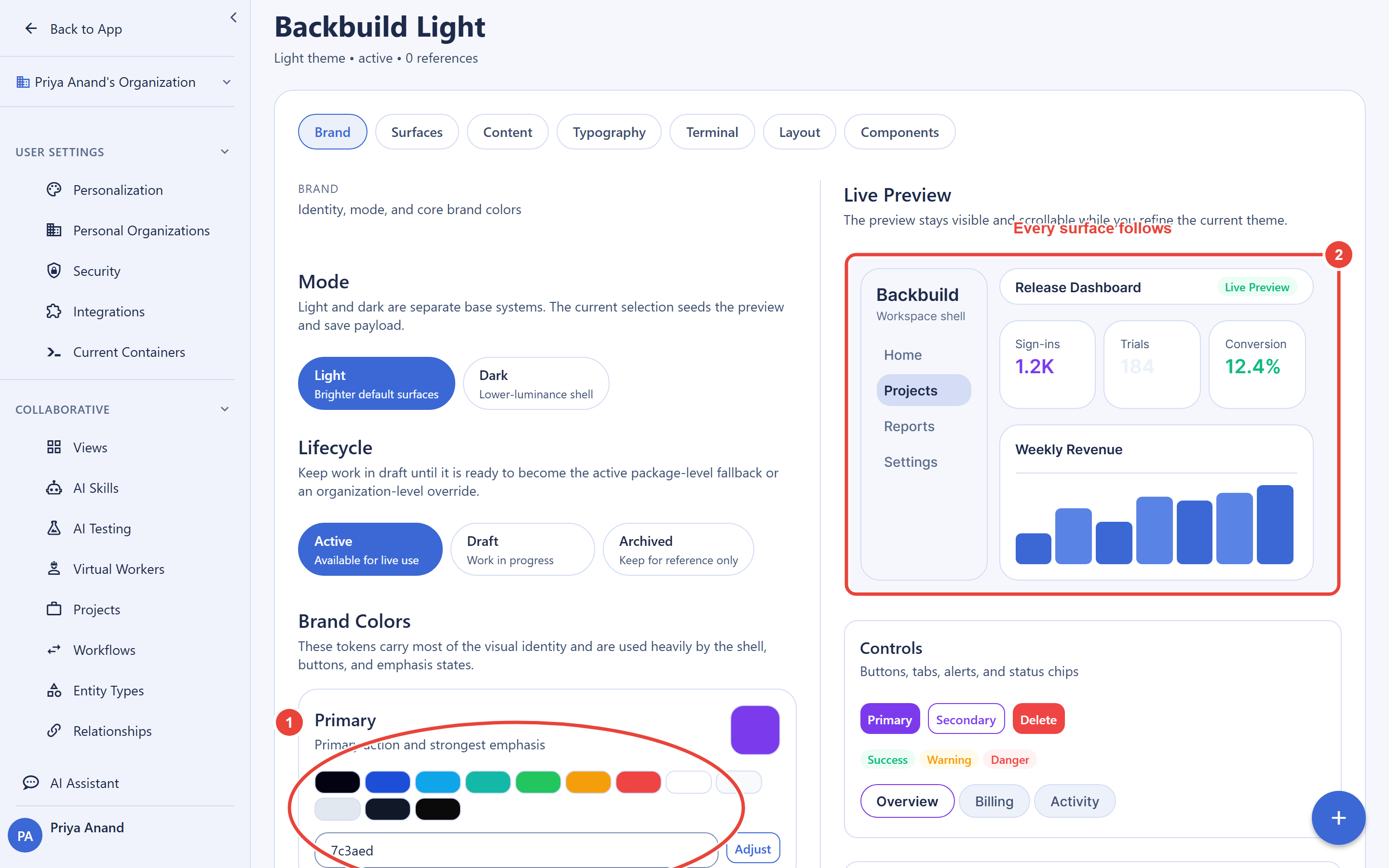 The Theme Studio editor. On the left, the Brand tab with the Primary color control circled and callout 1: its swatch and hex field now read 7c3aed. On the right, callout 2 marks the Live Preview panel, whose workspace shell, active navigation item, and headline metric have all turned the same purple. A label reads: every surface follows. The account email address is masked in this image.