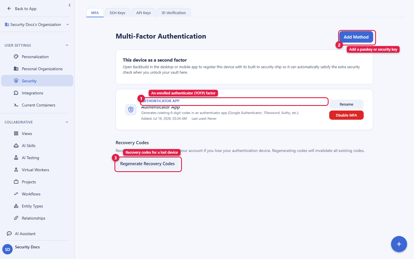 The Multi-Factor Authentication settings screen. Callout 1 marks an enrolled Authenticator App factor, described as generating rotating six-digit codes in an app such as Google Authenticator, 1Password, or Authy, noting it is an enrolled authenticator, or TOTP, factor. Callout 2 marks the Add Method button, noting you can add a passkey or security key. Callout 3 marks the Regenerate Recovery Codes control in the Recovery Codes section, noting recovery codes are for a lost device. The account email address is masked in this image.