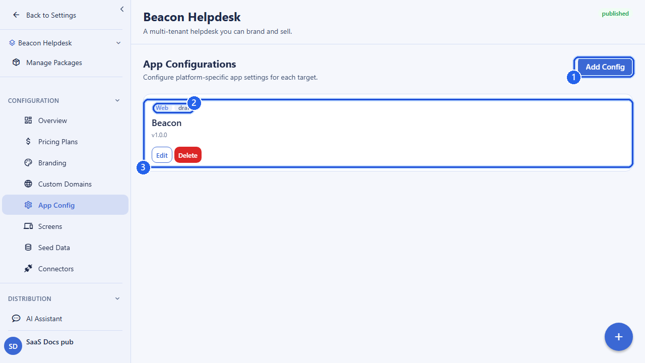 The App Configurations screen for a package. Callout 1 marks the Add Config button. Callout 2 marks the platform badge (Web) identifying the target. Callout 3 marks a per-platform configuration card with its version and edit controls. The account email address is masked in this image.