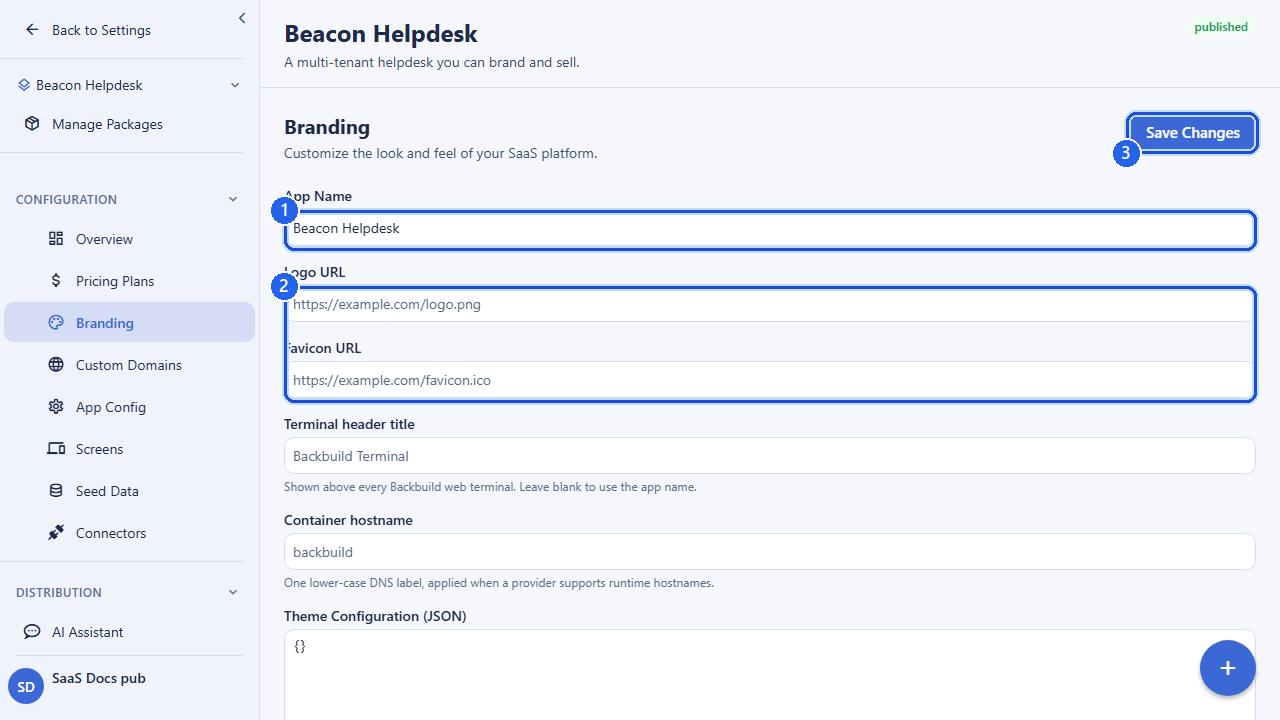 The Branding screen for a package. Callout 1 marks the App Name field. Callout 2 marks the Logo URL and Favicon URL fields. Callout 3 marks the Save Changes button. The screen also carries a Theme Configuration field for finer control. The account email address is masked in this image.