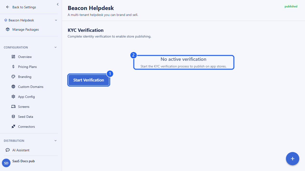 The identity verification screen for a package. Callout 1 marks the Start Verification action. Callout 2 marks the explanation that identity verification enables store publishing. Shown here with no active verification. The account email address is masked in this image.