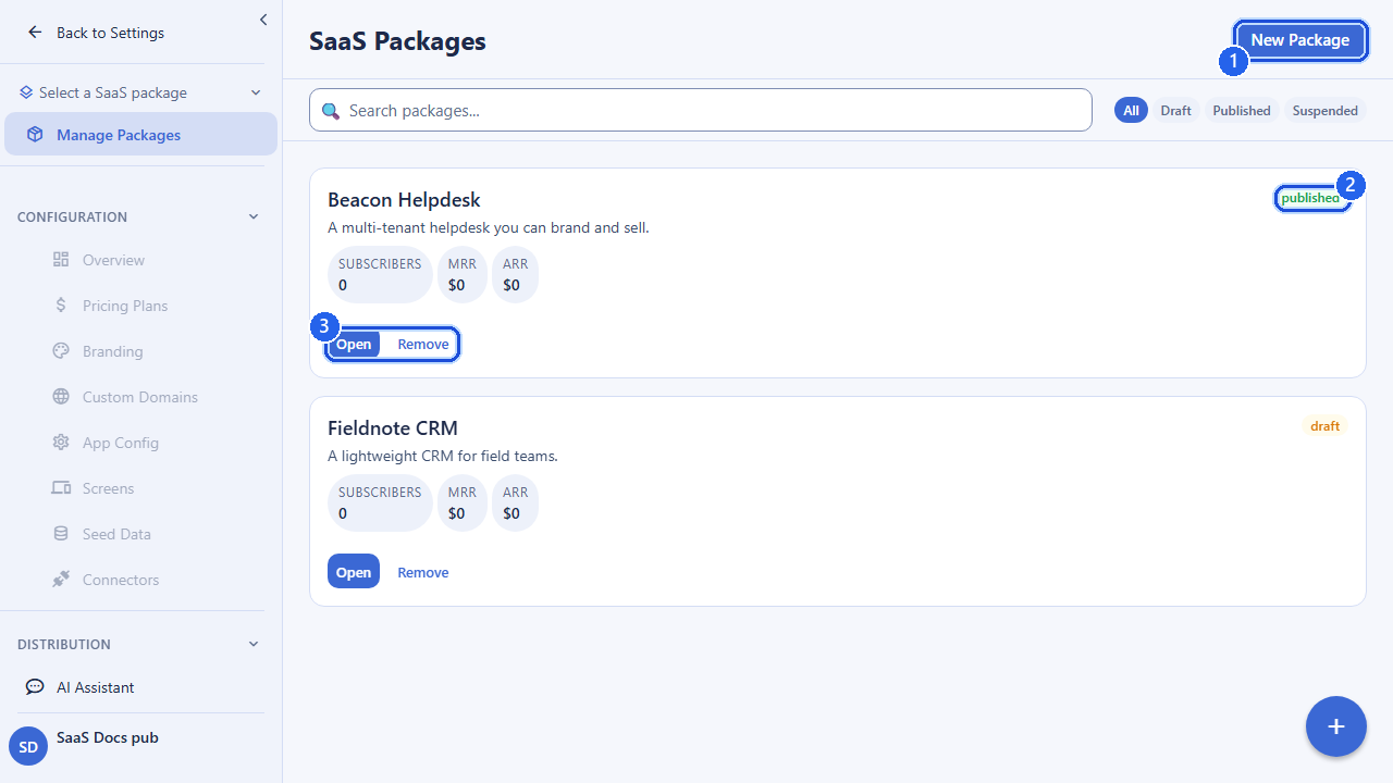The SaaS Packages list in the builder. Callout 1 marks the New Package button. Callout 2 marks the published status badge on the Beacon Helpdesk package; the Fieldnote CRM package below it shows a draft badge. Callout 3 marks the per-package Open and Remove actions. The account email address is masked in this image.