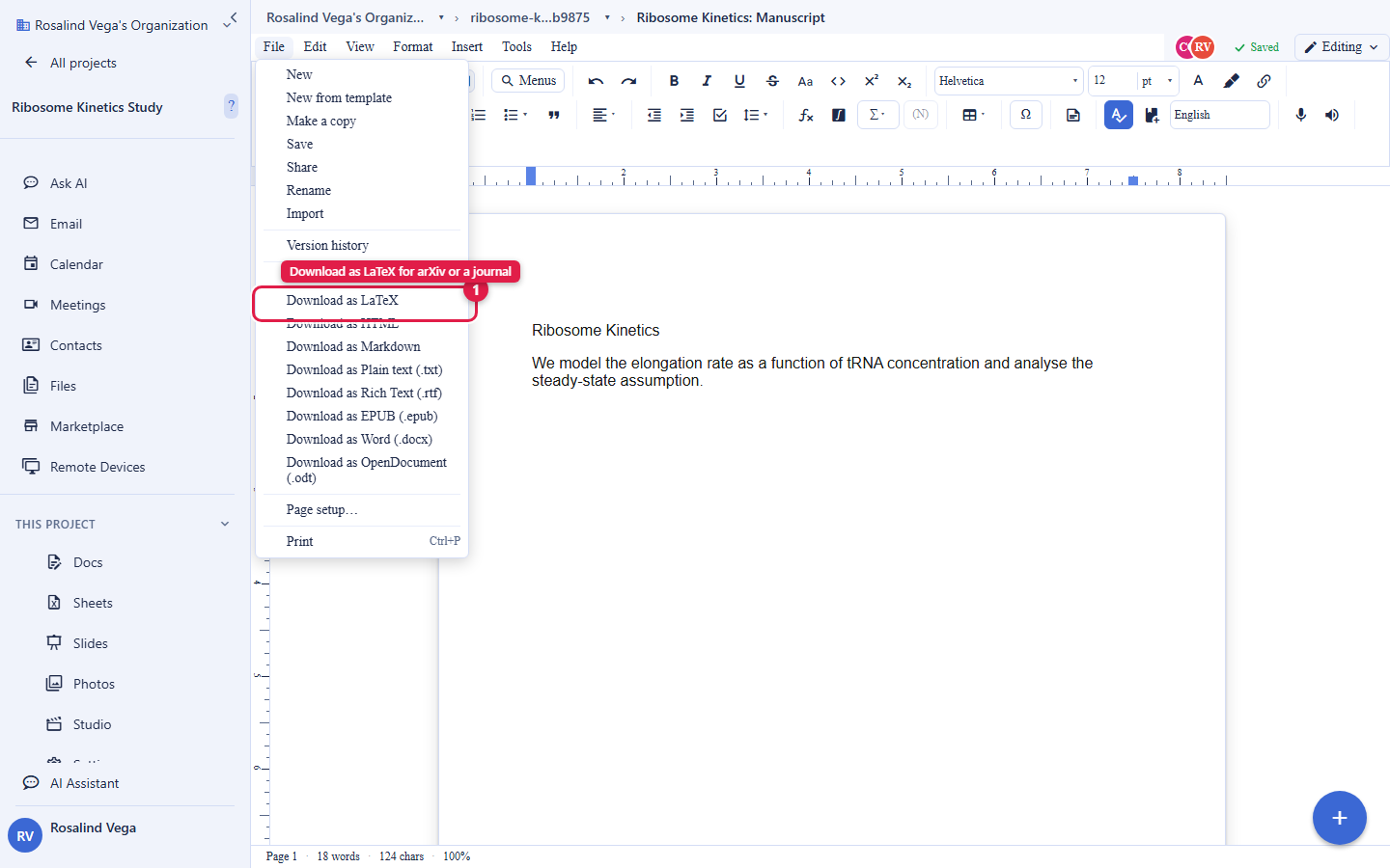 The Backbuild Docs File menu open. The Download as LaTeX item is circled and labelled Download as LaTeX for arXiv or a journal. Below it the full export list is visible: Download as HTML, Markdown, Plain text, Rich Text, EPUB, Word (.docx), and OpenDocument (.odt), along with Page setup and Print. The account email address is masked in this image.