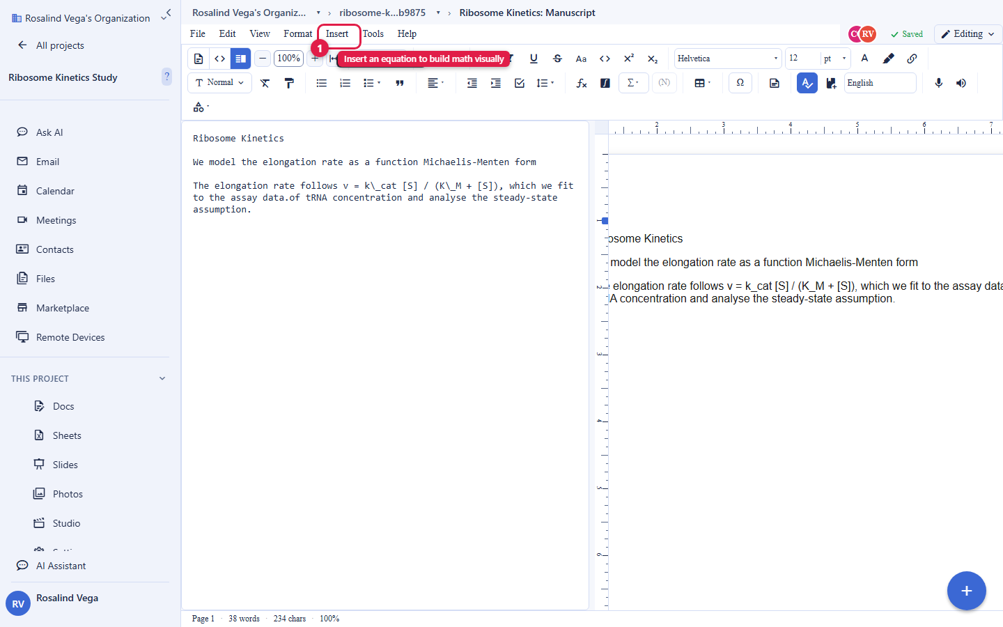 The Backbuild Docs editor in Split view on a math-bearing manuscript. The left pane shows the formatted text including the rate law v equals k_cat times S over K_M plus S. The right pane shows the same content as source. The Insert menu in the top menu bar is circled and labelled Insert an equation to build math visually. The account email address is masked in this image.