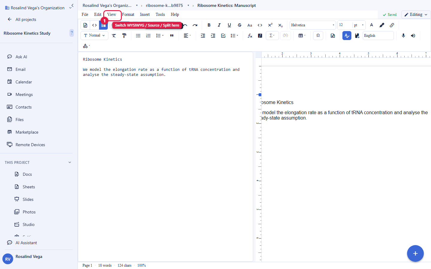 The Backbuild Docs editor in side-by-side Split view. The left pane shows the formatted document with a Ribosome Kinetics heading and a paragraph. The right pane shows the same content as editable source. The View menu in the top menu bar is circled and labelled Switch WYSIWYG, Source, or Split here. The account email address is masked in this image.