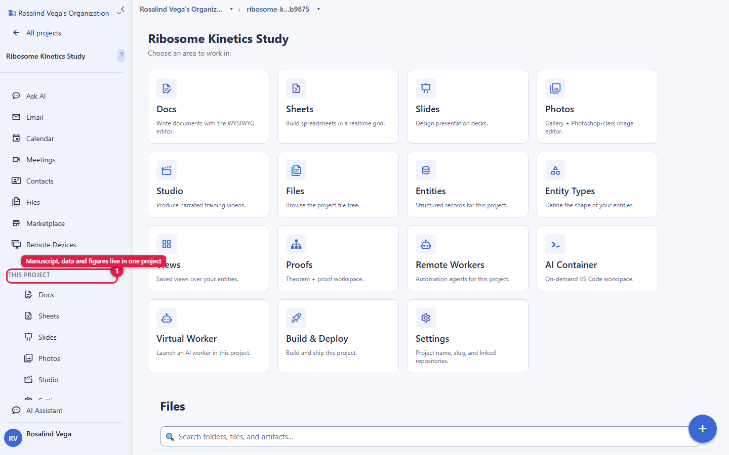 A research project named Ribosome Kinetics Study open in the Backbuild workspace. The main area, Choose an area to work in, shows cards for Docs (write documents with the WYSIWYG editor), Sheets, Slides, Photos (gallery plus image editor), Studio (produce narrated training videos), Files, Entities, Entity Types, Views, Proofs (theorem and proof workspace), Remote Workers, AI Container, Virtual Worker, Build and Deploy, and Settings. The left sidebar THIS PROJECT is circled and labelled, showing that the manuscript, data and figures live together in one project. The account email address is masked in this image.