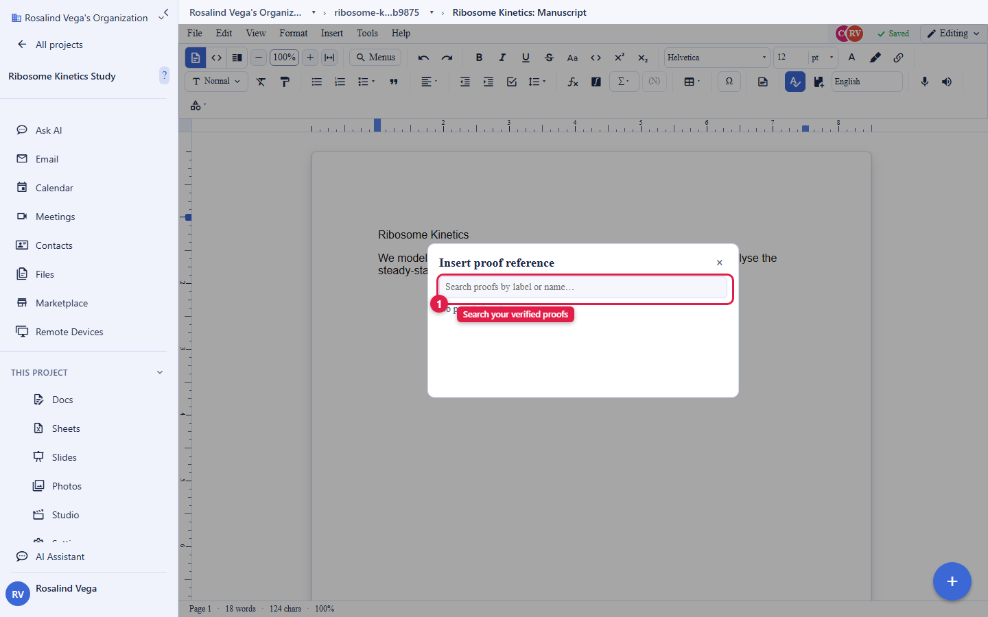 The Insert proof reference dialog open over a document in the Backbuild Docs editor. A search field labelled Search proofs by label or name is circled and captioned Search your verified proofs. The dialog is where an author picks one of their verified proof entries to cite from the manuscript. The account email address is masked in this image.