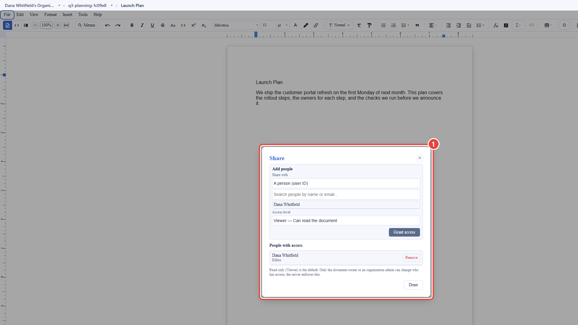 The Share dialog open over a Backbuild Docs document, outlined as callout 1. Under Add people, a Share with selector is set to A person, a search box finds people by name or email, and the chosen person appears below it. An Access level selector is set to Viewer, Can read the document, and a Grant access button confirms the share. A People with access list shows the current person with their level, Editor, and a Remove control. A note reads that read-only Viewer is the default and that only the document owner or an organization admin can change who has access, which the server enforces. The account email address is masked in this image.