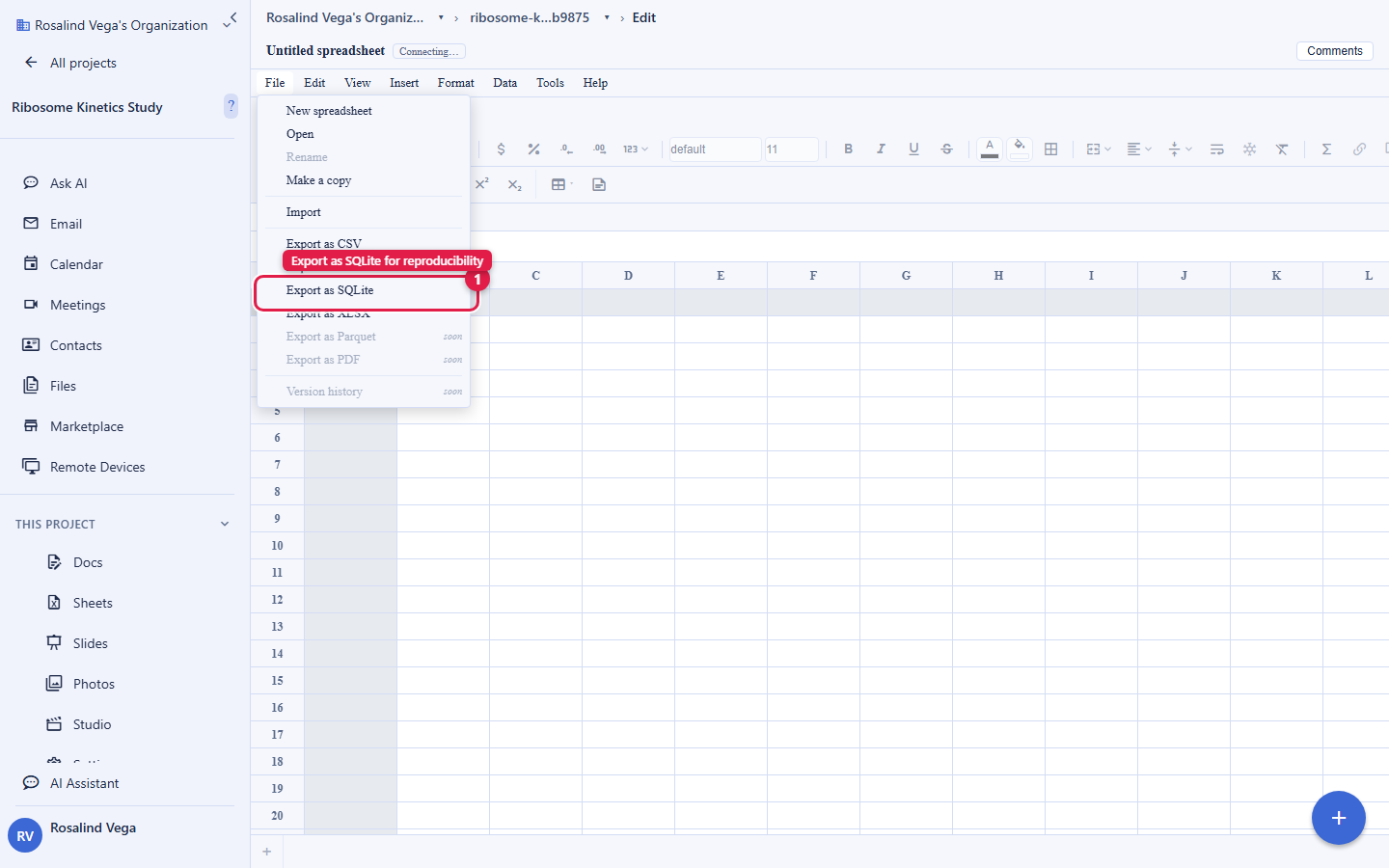 The Backbuild Sheets File menu open. The Export as SQLite item is circled and labelled Export as SQLite for reproducibility. Above it is Export as CSV, and below it Export as XLSX, with Export as Parquet, Export as PDF and Version history shown as coming soon. The account email address is masked in this image.