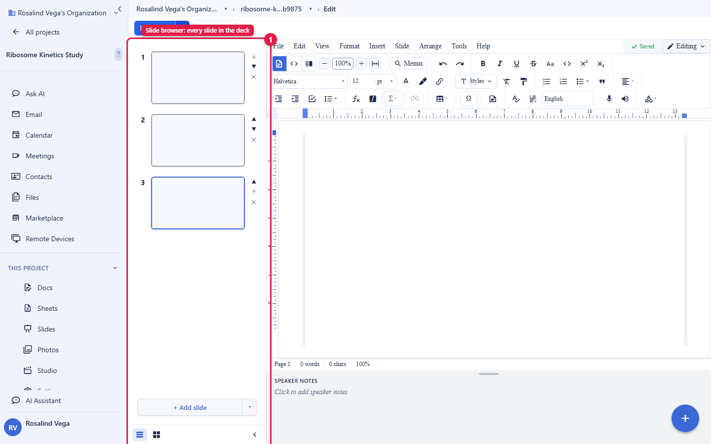 The Backbuild Slides editor. A slide browser rail on the left, circled and labelled Slide browser every slide in the deck, shows numbered slide thumbnails. The slide canvas is on the right with the same rich editing toolbar as the document editor, an Add slide button below the rail, and a Speaker notes area at the bottom. The account email address is masked in this image.