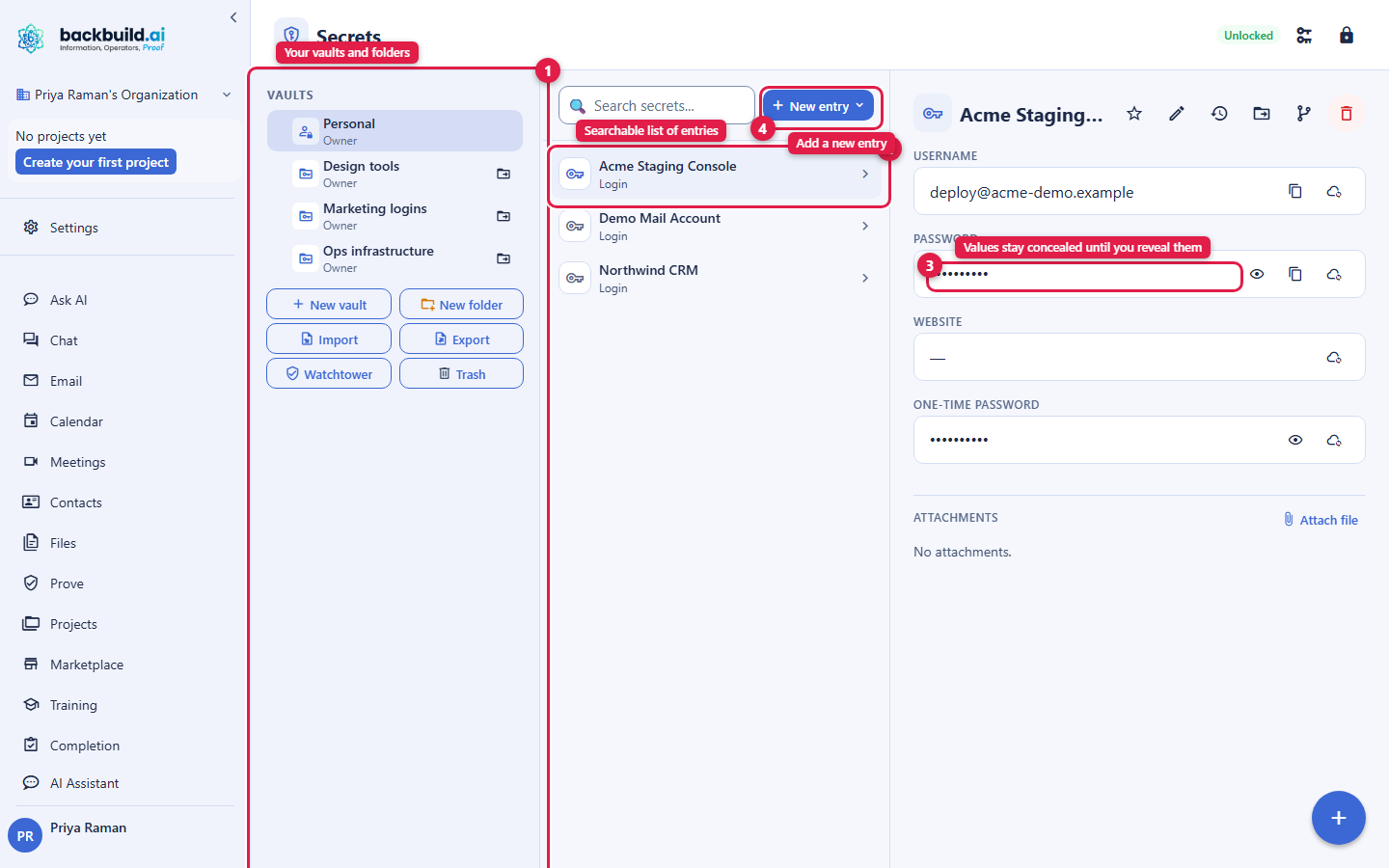 Backbuild Secrets open in the web app, showing the three-pane layout. Callout 1 marks the vault and folder rail on the left listing the Personal vault and named team vaults. Callout 2 marks the search box and item list in the middle. Callout 3 marks the entry detail on the right with masked fields and reveal and copy controls. Callout 4 marks the New Entry button. The account email address is masked in this image.