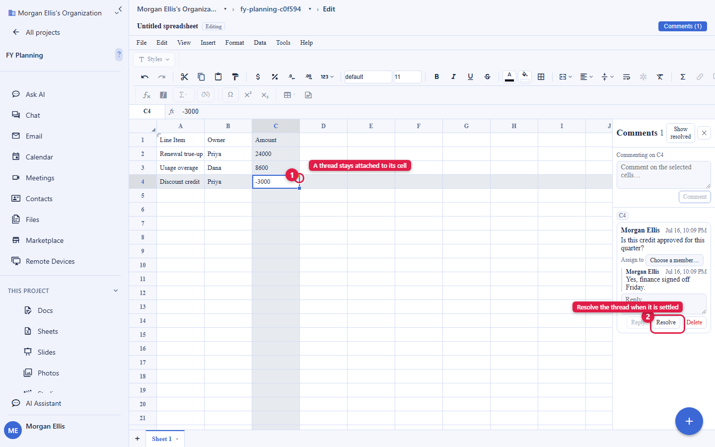 A Backbuild Sheets grid with a comments sidebar open on the right showing a thread anchored to a highlighted cell, with a comment, a reply, author names and timestamps, and a Resolve control. The anchored cell and the Resolve control are circled and labelled A thread stays attached to its cell. The account email address is masked in this image.