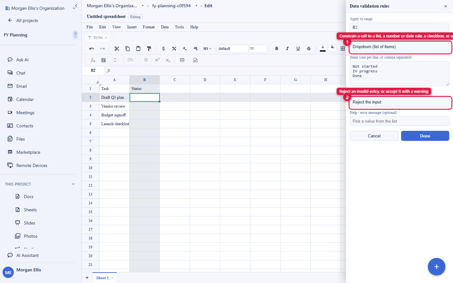 A Backbuild Sheets grid with the data-validation panel open on the right. The rule kind is set to a list of items and is circled, and the choice between rejecting an invalid entry and accepting it with a warning is circled below it. The account email address is masked in this image.