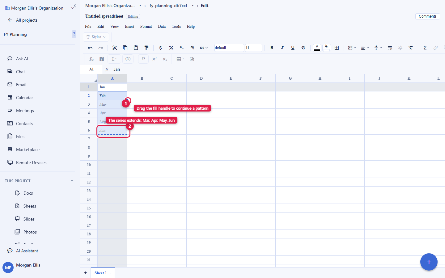 A Backbuild Sheets grid with cells A1 and A2 holding Jan and Feb and selected. The small fill-handle square at the bottom-right corner of the selection is circled and labelled Drag the fill handle to continue a pattern, with a drag down to A6 previewing Mar, Apr, May, and Jun. The account email address is masked in this image.