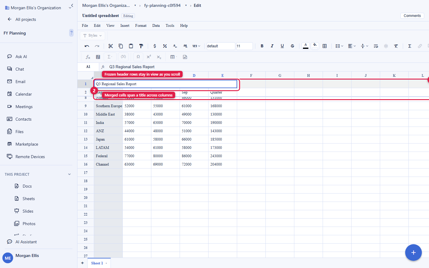 A Backbuild Sheets grid with the top header row frozen behind a divider line so it stays visible while lower rows scroll, and a merged title cell spanning columns A through E at the top. The freeze divider is circled and labelled Frozen header row stays in view, and the merged title is circled and labelled Merged cells span a title across columns. The account email address is masked in this image.