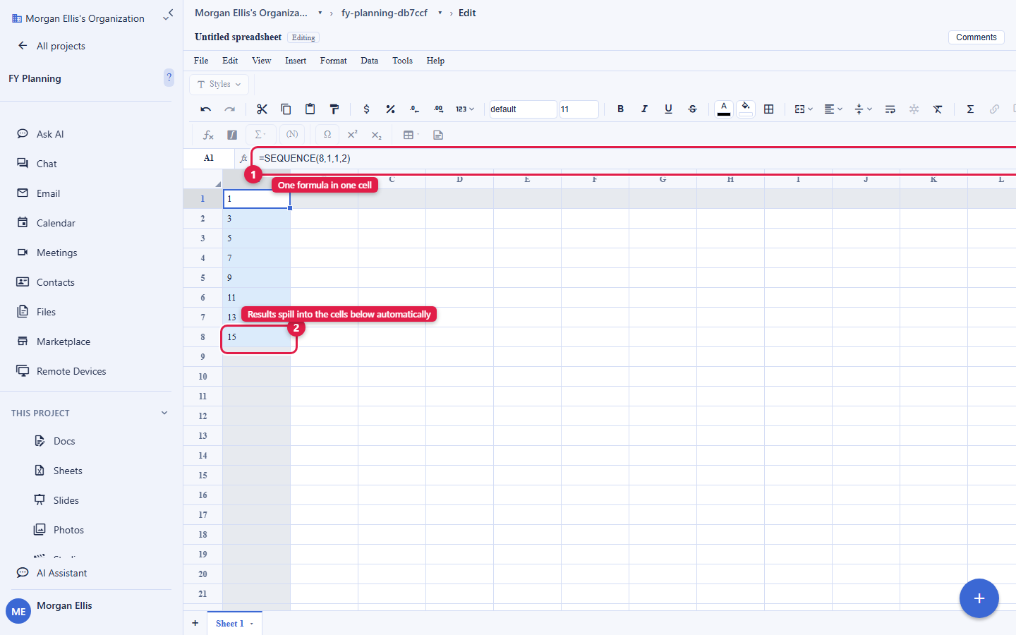 A Backbuild Sheets grid. The formula bar, circled and labelled One formula in one cell, holds a dynamic-array formula. The result spills down a highlighted block of cells outlined in blue, and the last spilled cell is circled and labelled Results spill into the cells below automatically. The account email address is masked in this image.